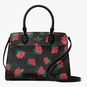 Kate Spade Madison Rose Toss Printed Medium Satchel Black Red Rose Floral